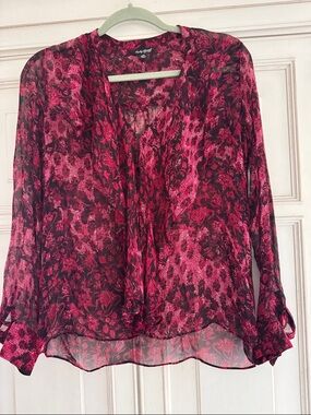 Sheer Floral Light Ruffle Front Blouse - Wine/ Black